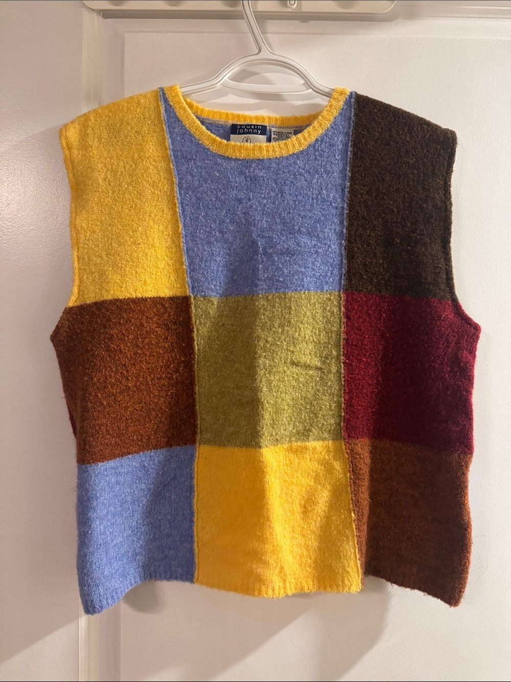Vintage 90’s Cousin Johnny Patchwork Wool Blend Sweater Vest - Yellow/Blue/Green